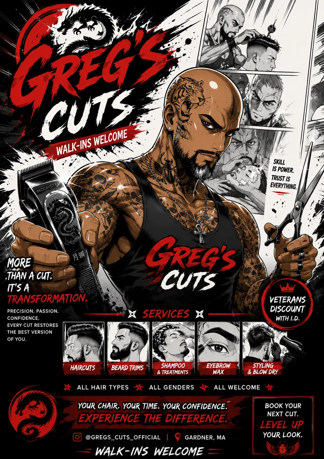 Greg's Cuts flyer — walk-ins welcome in Gardner, MA. Haircuts, beard trims, shampoo & treatments, eyebrow wax, and styling & blow dry, with a veterans discount.