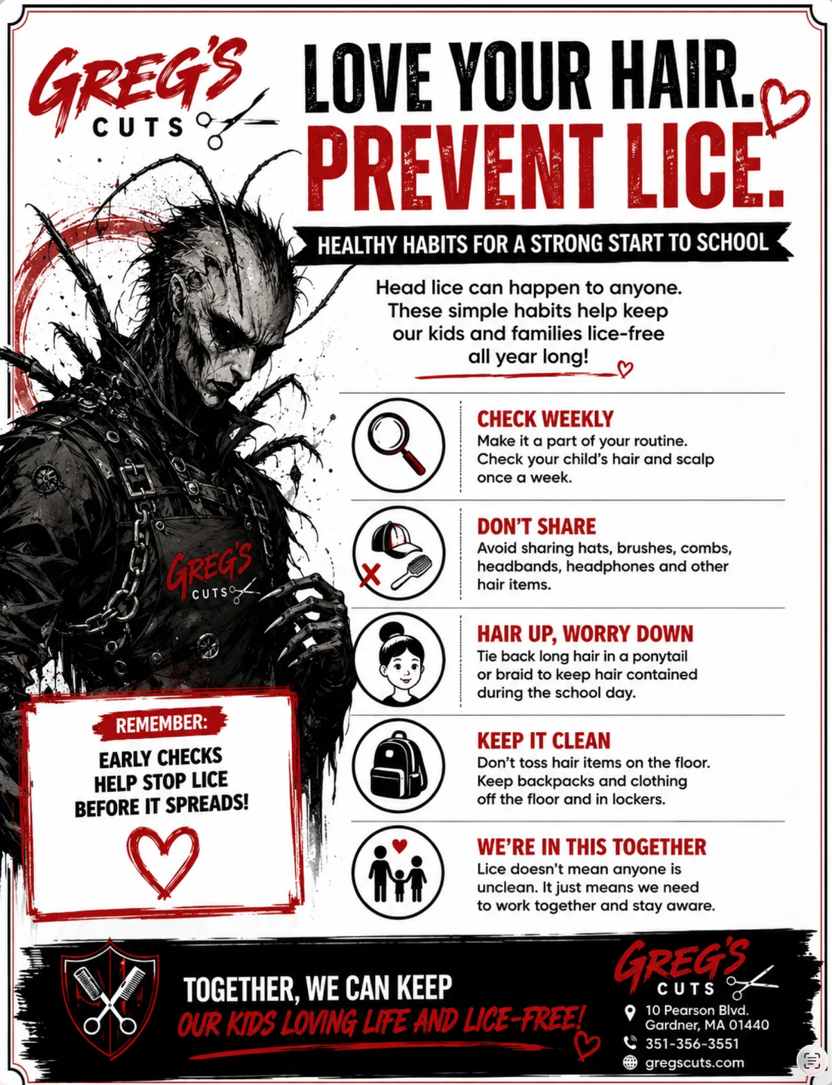 Greg's Cuts flyer — Love your hair, prevent lice. Healthy habits for a strong start to school: check weekly, don't share hats or brushes, tie long hair back, keep hair items and backpacks off the floor, and remember lice doesn't mean anyone is unclean.