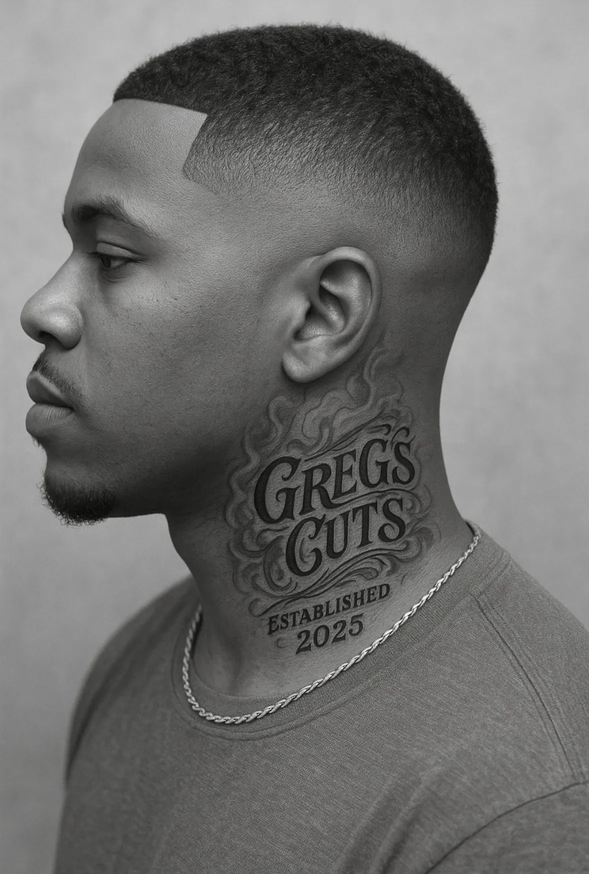 Fresh fade with a 'Greg's Cuts Established 2025' neck tattoo