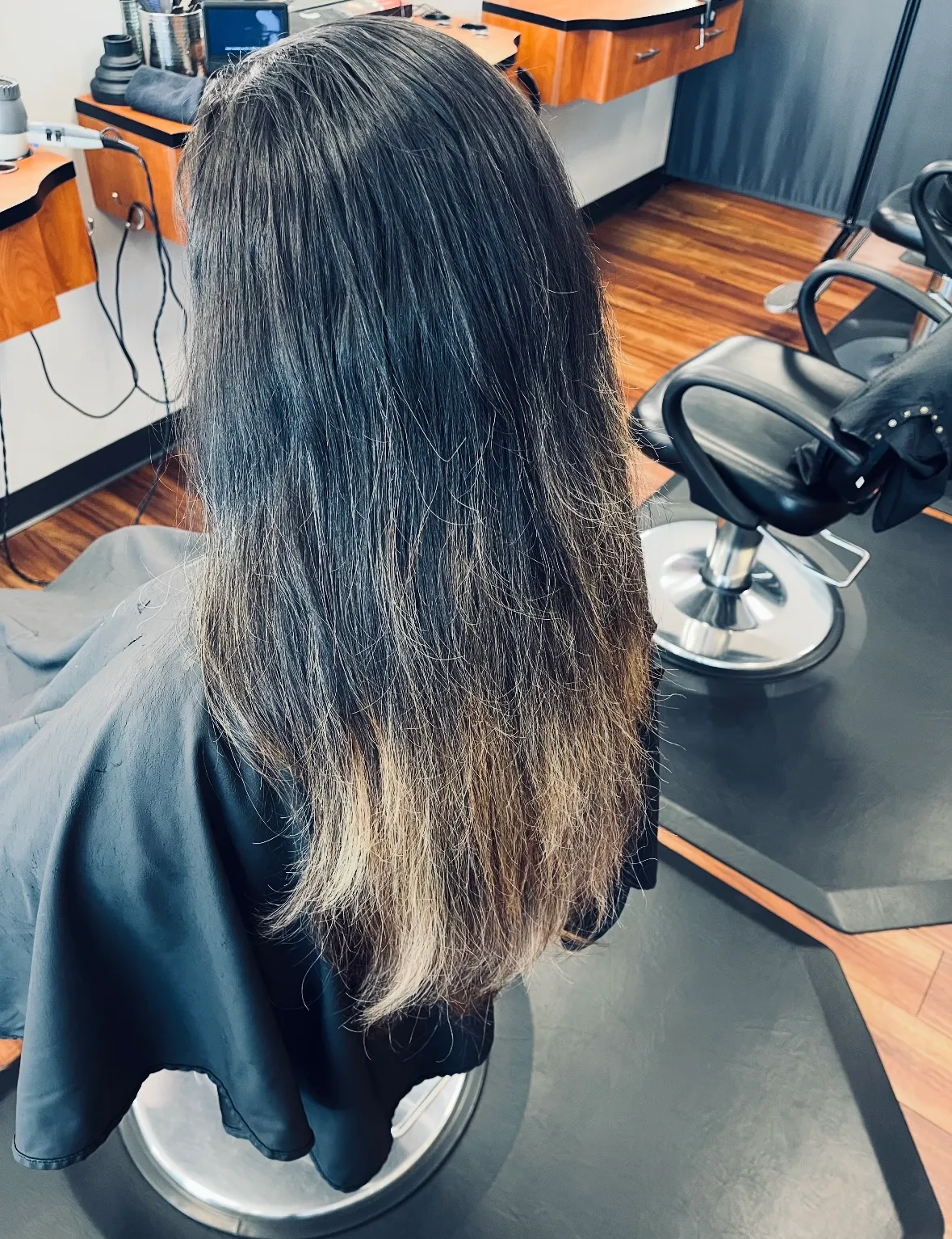 Before: long hair with dry, uneven ends