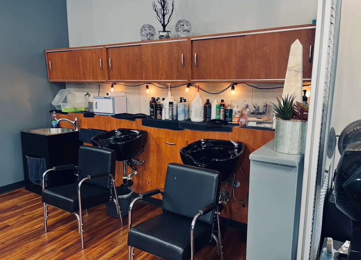 Shampoo bowls and wash chairs with product shelf