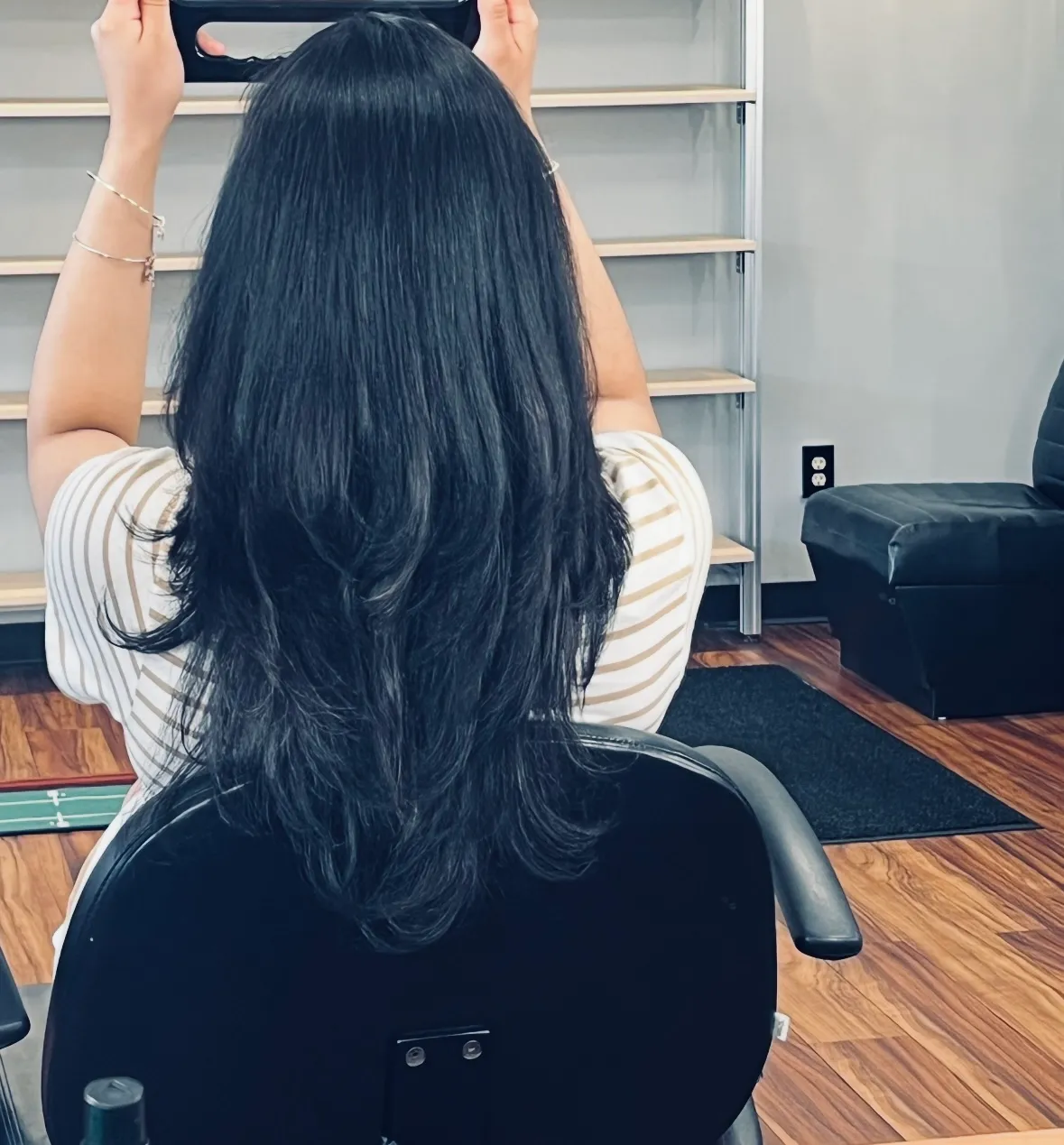 After: long hair with glossy, face-framing layers